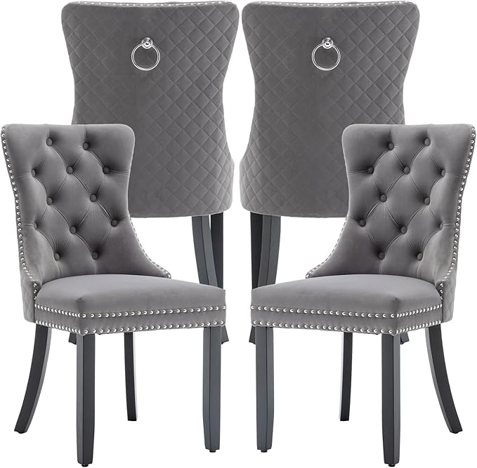 Velvet Dining Chairs Set of 4, Upholstered Dining Room Chairs with Nailhead Trim, Sillas de Comedor Modernas 4, Wooden Kitchen Chairs for Dining Room, Living Room, Kitchen, Bedroom, Grey