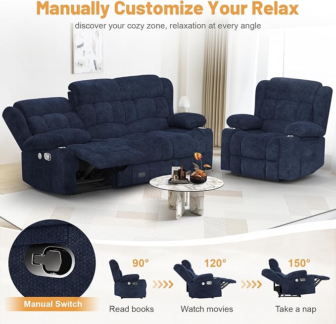 Loveseat Recliner Sofa Set, Flip Middle Backrest Design 3 Seater Reclining Sofa and Single Oversized Recliner Chair, Manual Couches for Living Room/RV (Blue, 3+1)