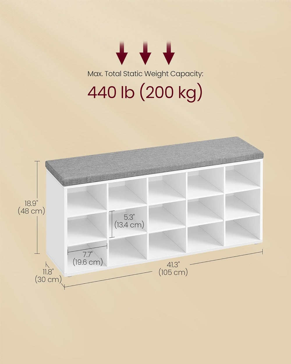 VASAGLE Shoe Bench with Cushion, 15 Compartments, 11.8 x 41.3 x 18.9 Inches |...