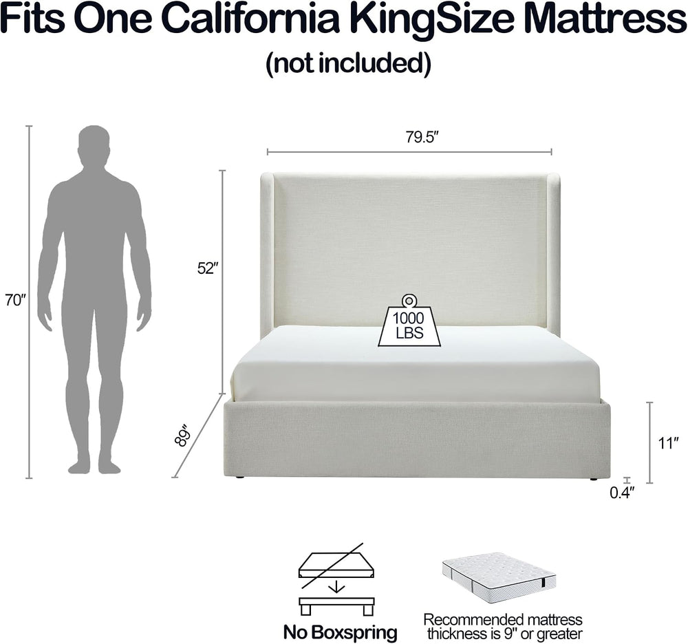 California King Upholstered Bed Frame 52" Tall Wingback Headboard