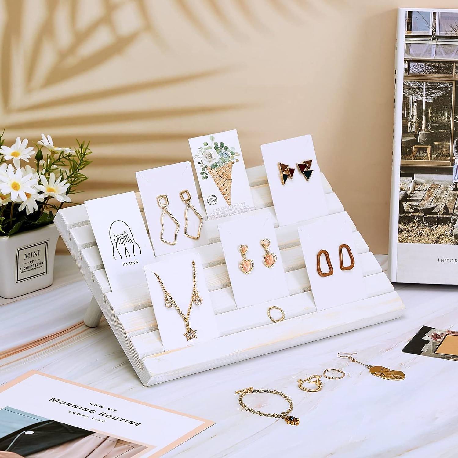 Blulu 31 Pack Wooden Earring Display Stand 7 Slots jewelry Display Holder with Earring Card for Selling Vendors Retail Show