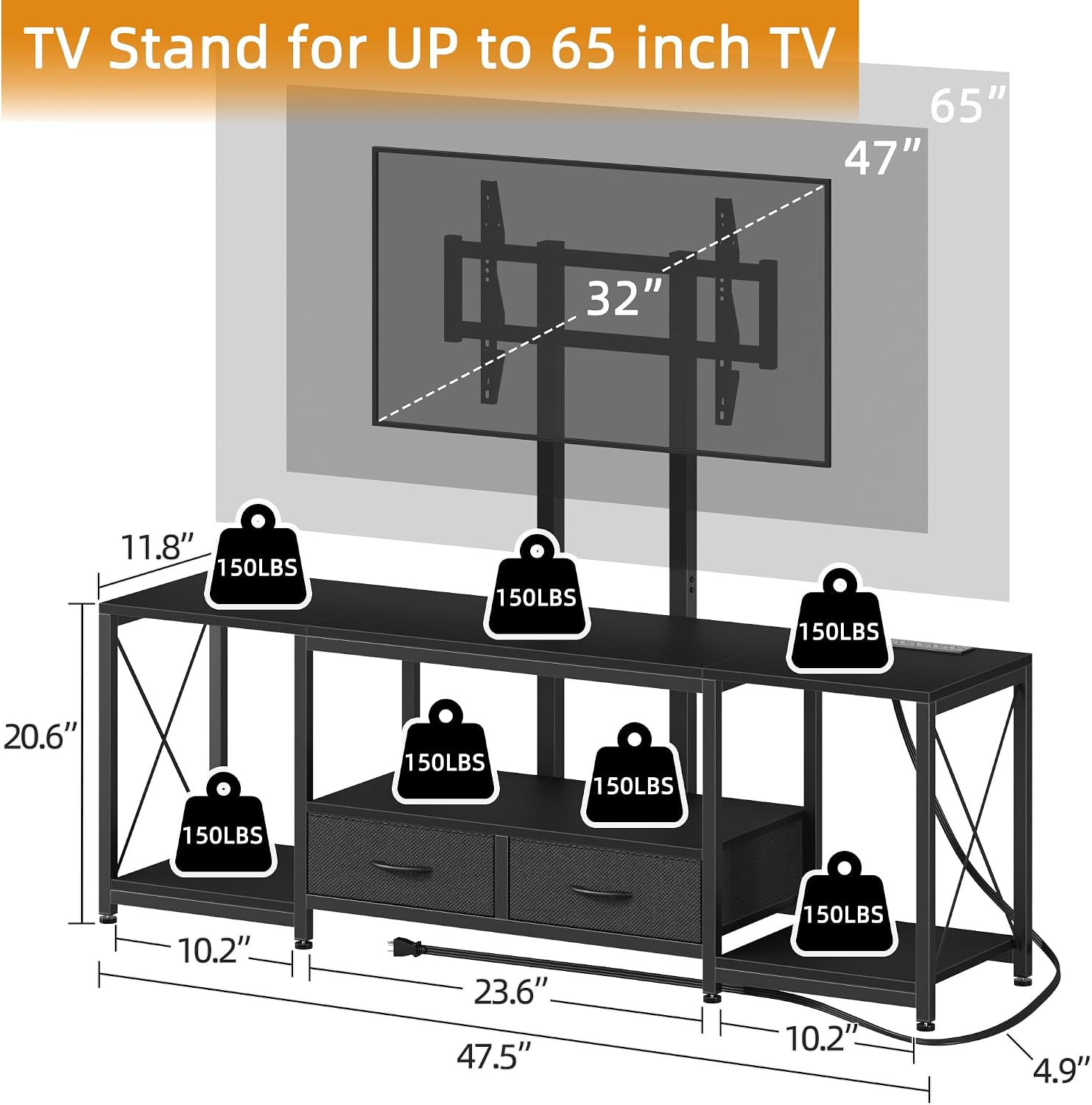 GYIIYUO LED TV Stand with Mount and Power Outlet & Fabric Drawers for 32-85 Inches TV - Entertainment Center and Industrial TV Console Table for Living Room, Bedroom- 47.5" Black