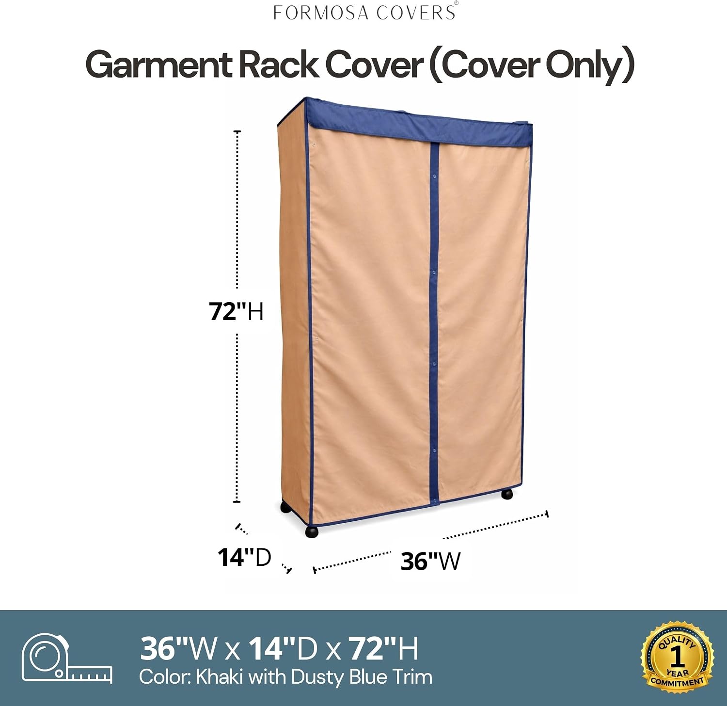Formosa Covers Portable Garment Rolling Rack Cover - Protect Your Clothes from Dust Keep Your Room Looking Organized (Cover Only) (Beige Khaki with Dusty Blue Trim, 36" W x 14" D x 72" H)