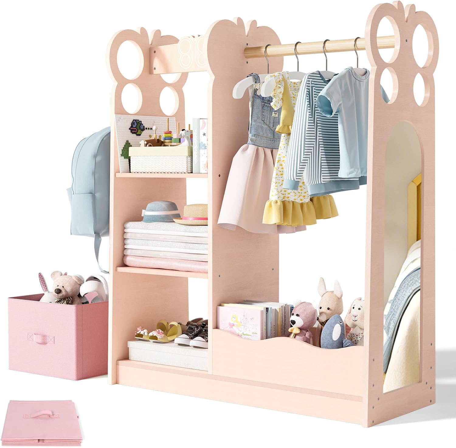 BlueWood Dress Up Storage Kids Wardrobe with Mirror, Toddler Costume Closet | Princess Closet with Hanging Rod, 3 Shelves & Storage Bins, Armoire Rack for Little Princess Girls Ages 3-7, Pink Butterfly