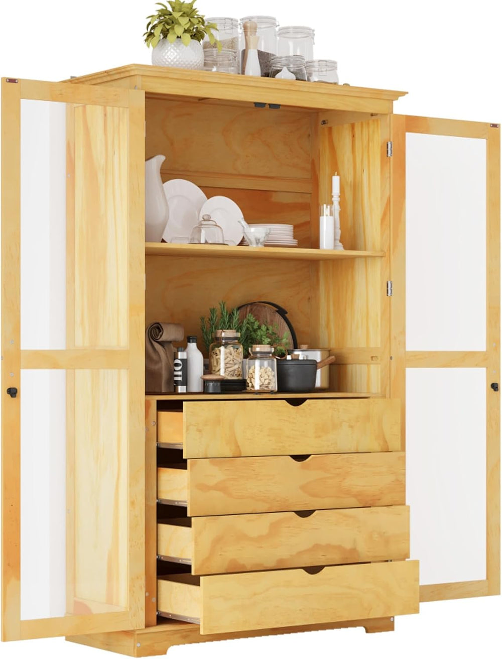 Freestanding pantry organizer armoire solid pine wood, glass double doors, fo...