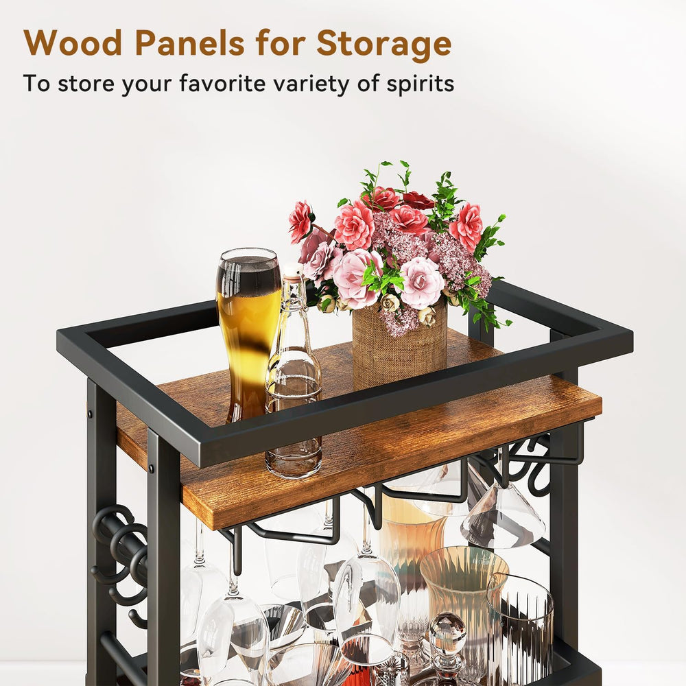 IBUYKE 4-Tier Wine Rack with Wheels,Bar Cart,Brown TMJ912H | Wine Car Cabinet...