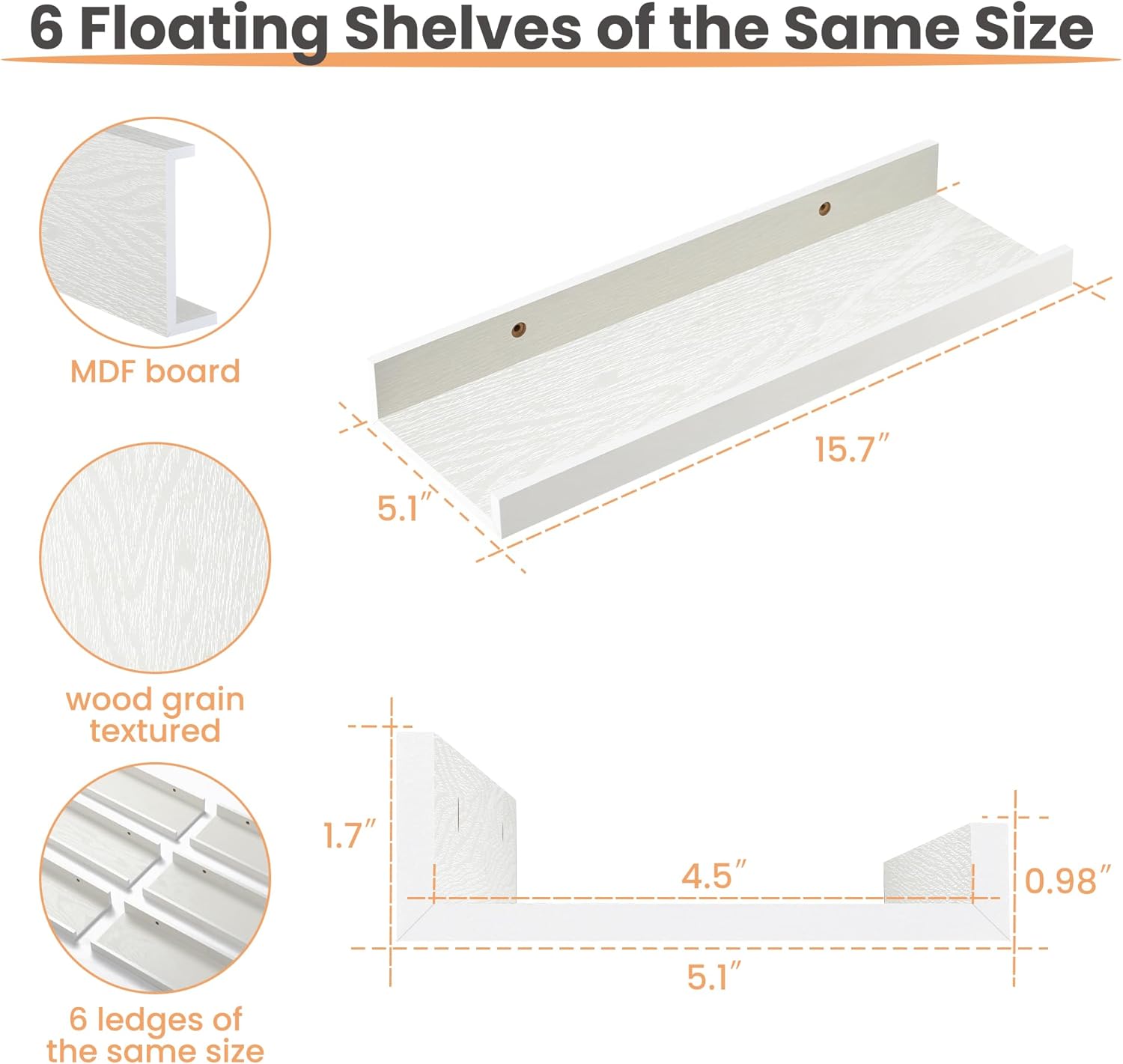 upsimples Floating Shelves for Wall, Wall Shelves for Decor Storage Set of 6, Wall Mounted Wood Shelf for Bedroom, Living Room, Bathroom, Kitchen, Picture Ledge Shelf, White