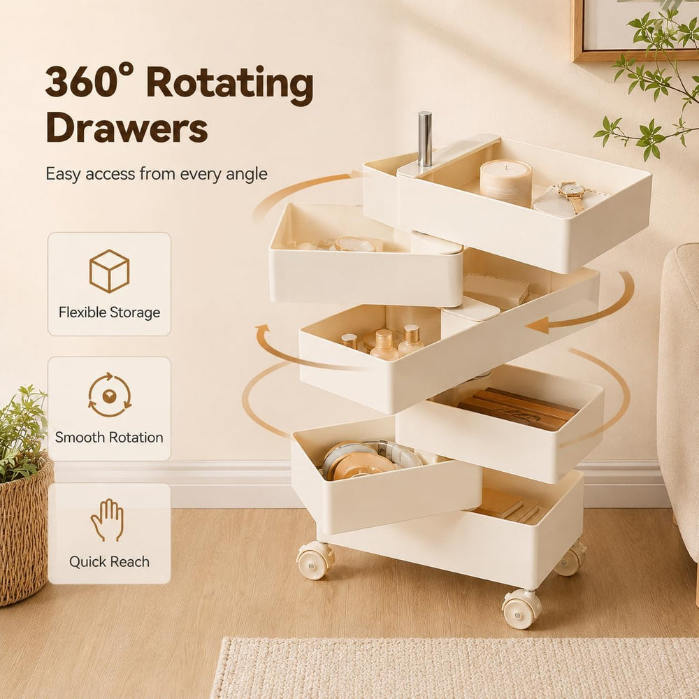 5-Tier Rotating Storage Cabinet with Wheels, 360° Swivel Rolling Organizer Ca...
