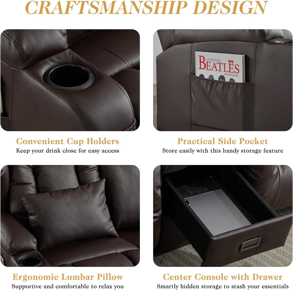 Loveseat Recliner Sofa,RV Wall Hugger Recliners with Flip-up Console,Reclining Loveseat Sofa Recliner with Cup Holders/Lumbar Pillows for Small Spaces,RV Furniture (PU Brown, 68" 2-Seater)
