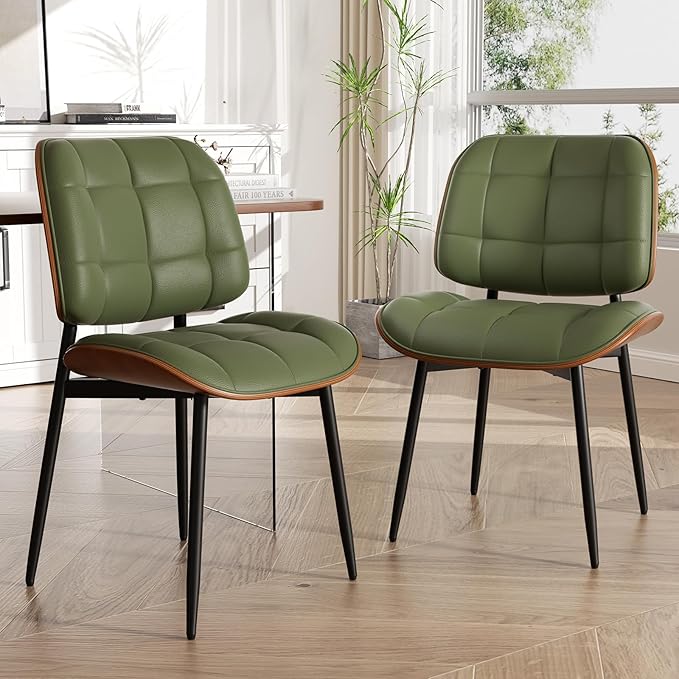 Dining Chairs Set of 4, Mid Century Modern Dining Room Chair, Upholstered Faux Leather Kitchen Chairs with Thick Cushion and Walnut Bentwood Back for Kitchen Dining Room, Green