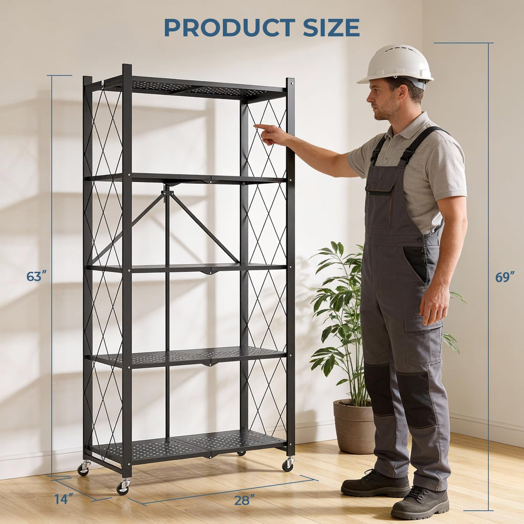 Upgraded 18% Thickened Portable 5-Tier Foldable Storage Shelves with Wheels Heavy Duty Storage Shelf Collapsible Shelves Unit Display for Garage Storage Kitchen Pantry & Closet Organizer, Matte Black