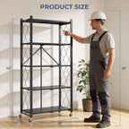 Upgraded 18% Thickened Portable 5-Tier Foldable Storage Shelves with Wheels Heavy Duty Storage Shelf Collapsible Shelves Unit Display for Garage Storage Kitchen Pantry & Closet Organizer, Matte Black