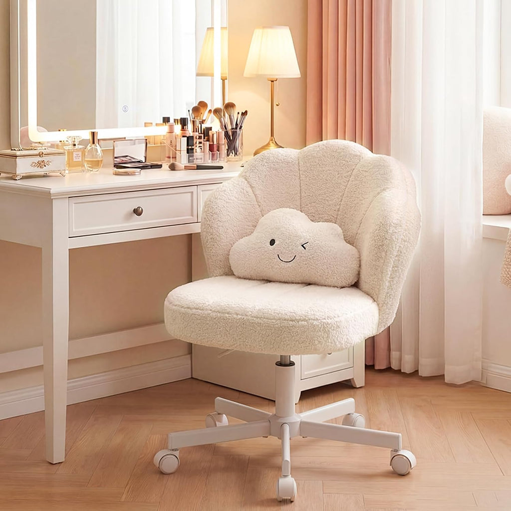 COMHOMA Petal Vanity Chair with Wheels, Cute Desk Chair for Girls Women, Upholstered Home Office Chair with Backrest, Height Adjustable Armless Swivel Chair for Bedroom, Teddy Fleece, Beige