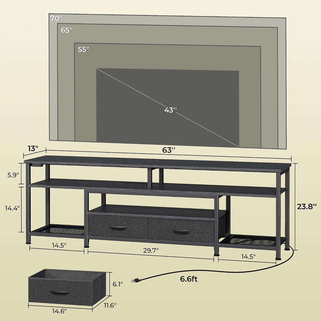 Huuger 63 Inch LED TV Stand for 65 70 Inch TV, Entertainment Center with Open Shelves and Power Outlets, TV Console for Living Room, Media Console with Drawers, Black