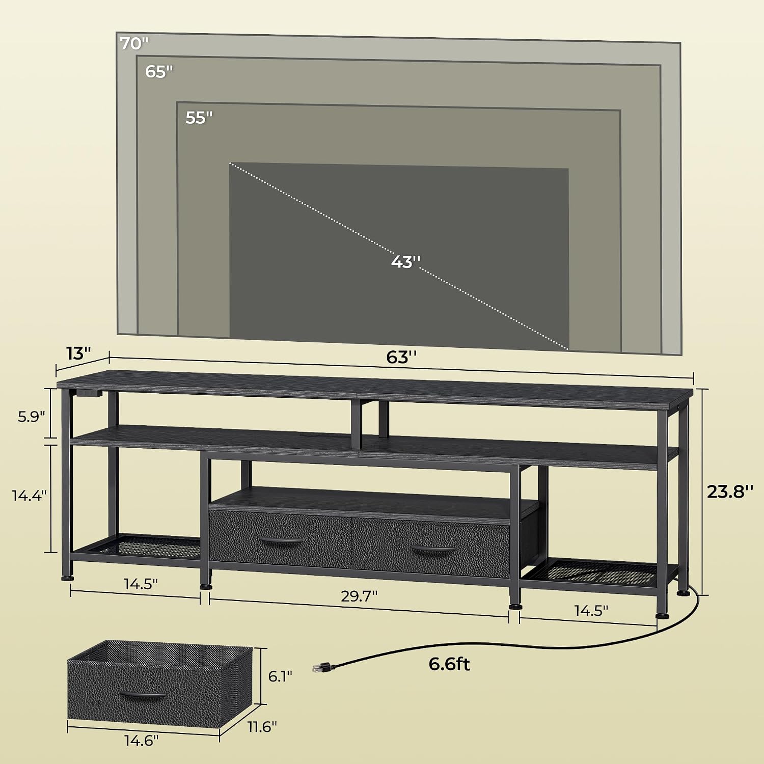 Huuger 63 Inch LED TV Stand for 65 70 Inch TV, Entertainment Center with Open Shelves and Power Outlets, TV Console for Living Room, Media Console with Drawers, Black