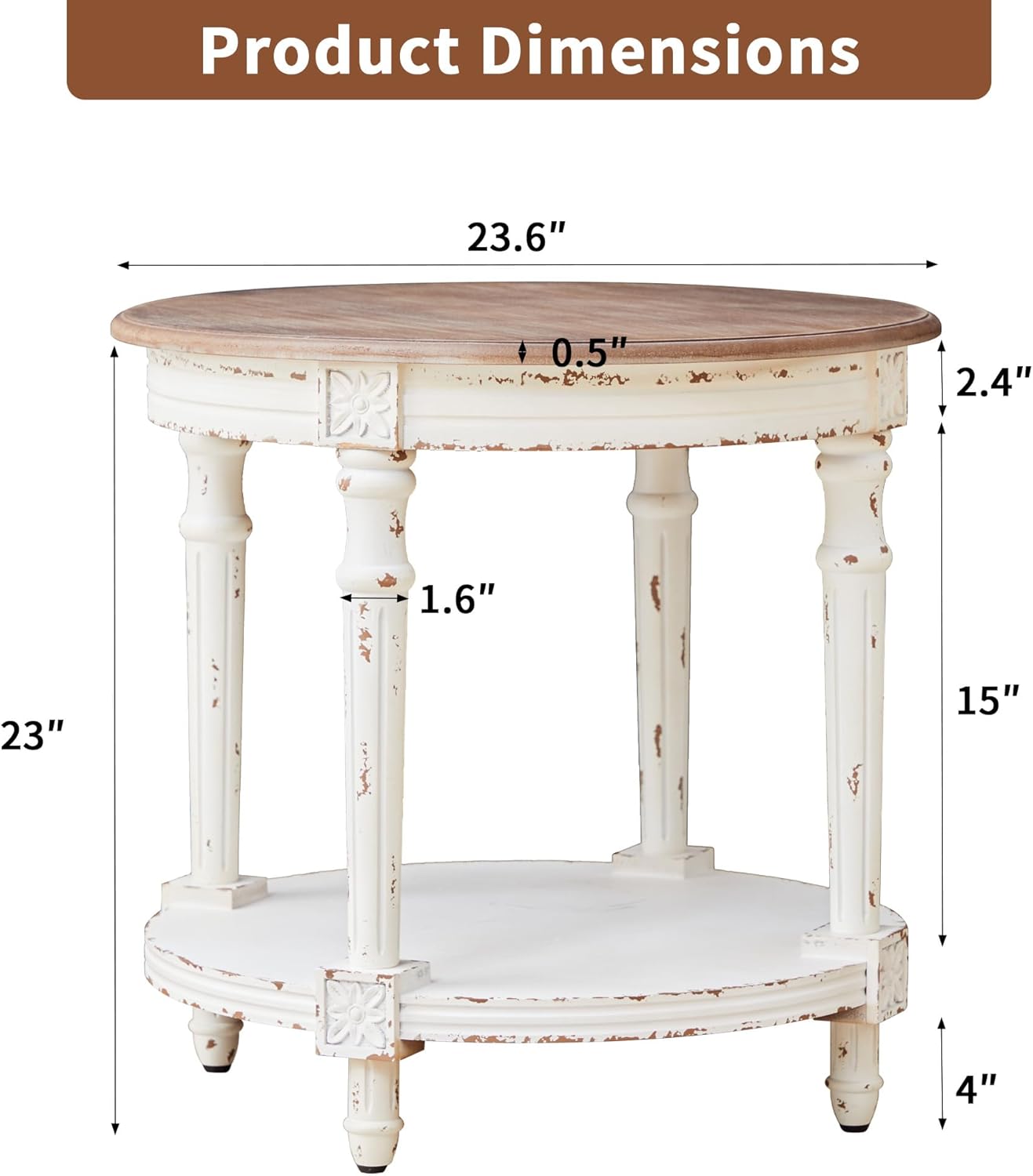 BERRYMERRY 23.6" French Country Two Tone Round End Table,Chipped White Vintage 2 Tier Side Table for Living Room Small Space,Easy Assembly (White 1 PC)