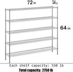 14" Deep x 72" Wide x 64" Height Wire Shelving Kit | 5-Tier | NSF Commercial Storage Rack Unit