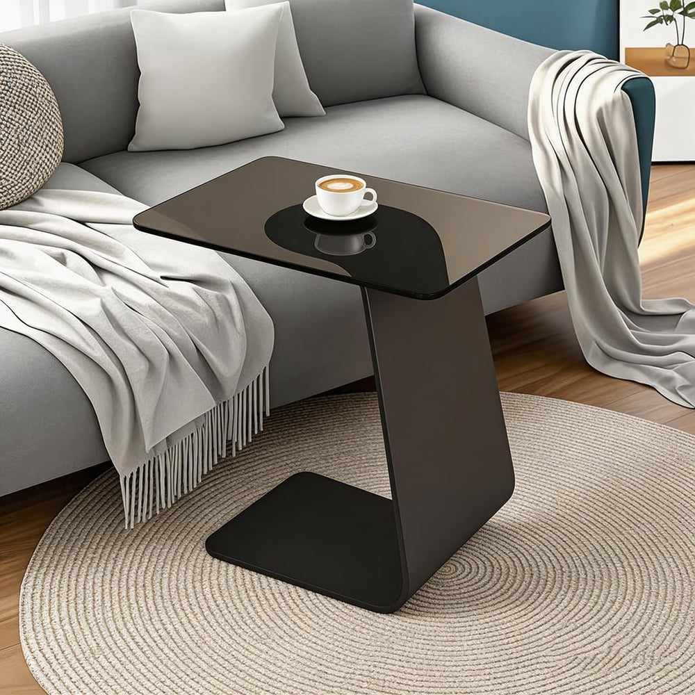 25.5-Inch High C-Shaped End Table with Tempered Glass Top & Black Metal F...