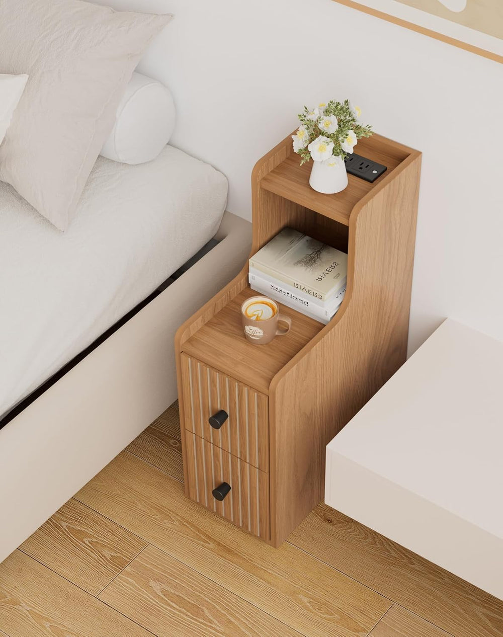 Set of 2 Narrow Side Table with Charging Station, Wooden Slim End Table with ...