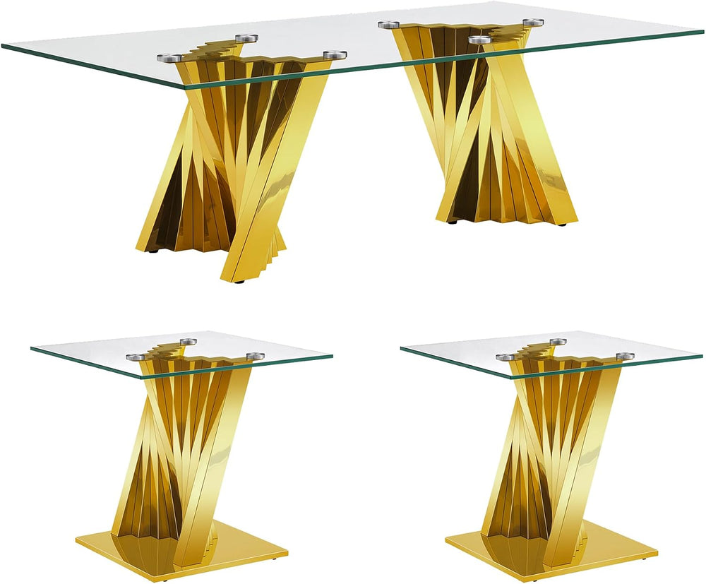 3 Piece Living Room Set, 51" Glass Coffee Table and 2 End Tables with Te...
