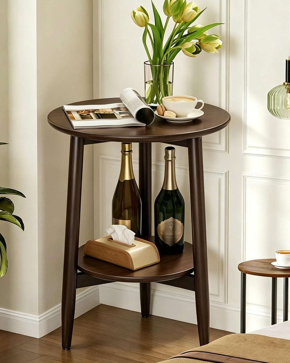 Round End Table,Solid Wood Small Round Table with Lower Shelf,Round Side Tabl...