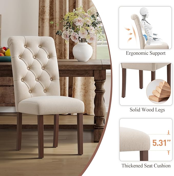 Upholstered Tufted Dining Room Chairs Set of 6, Parsons Kitchen Chairs with Padded Seat and Solid Wood Legs, Fabric Accent Side Diner Chair for Dining Room/Kitchen/Living Room, Beige