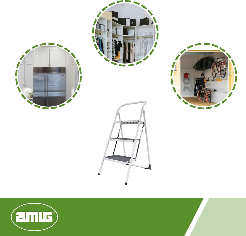 Amig - Folding Steel Stool - 3 Non-Slip Treads - Max Load 150 kg - Profession...