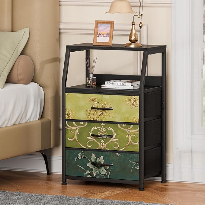 Furnulem Retro Night Stand with 3 Drawers and 2-Tier Shelf, Small Nightstand ...
