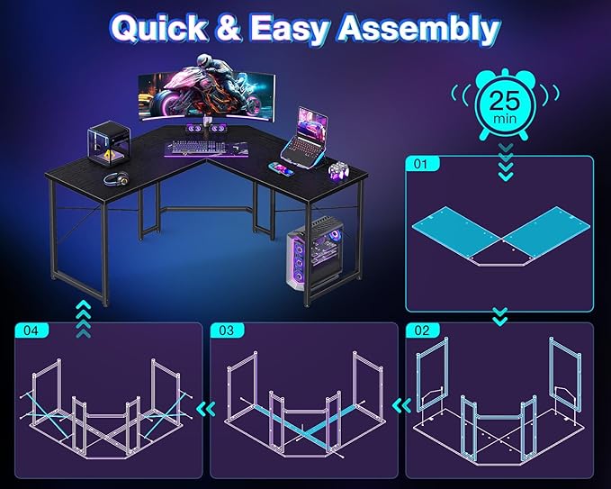 Casaottima L Shaped Gaming Desk, Corner Desk Gaming Table for Home Office, Computer Desk Sturdy Writing Workstation for Small Space, Easy to Assemble, 51 inch, Black
