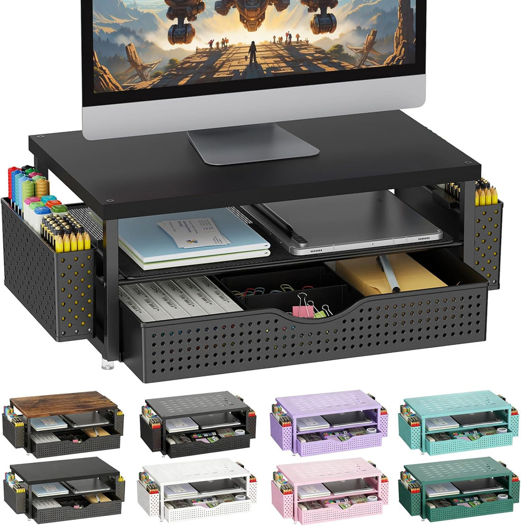 gianotter Wood Monitor Stand Riser, Office Desk Shelf Organizer, Desk Organizer with Drawer and Pen Holder, 2-Tier Computer Stand, Office Organization (Ink)