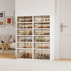 6-Tier Foldable Shoe Rack Organizer, 24 Pairs Stackable & Collapsible Shoe Cabinet with Transparent Doors & Leather Handles, Space-Saving Storage for Entryway, Closet, Kitchen, Cabinet, White