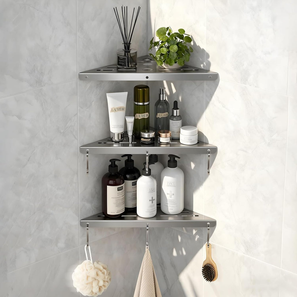 Shower Corner Shelf 304 Stainless Steel Shower Caddy 3 Tier Shower Organizer Niche Extra 6 Hangers Shelves 40 lbs Large Capacity Bathroom Storage for Inside Anti-Rust Drilling Installation(Silver)