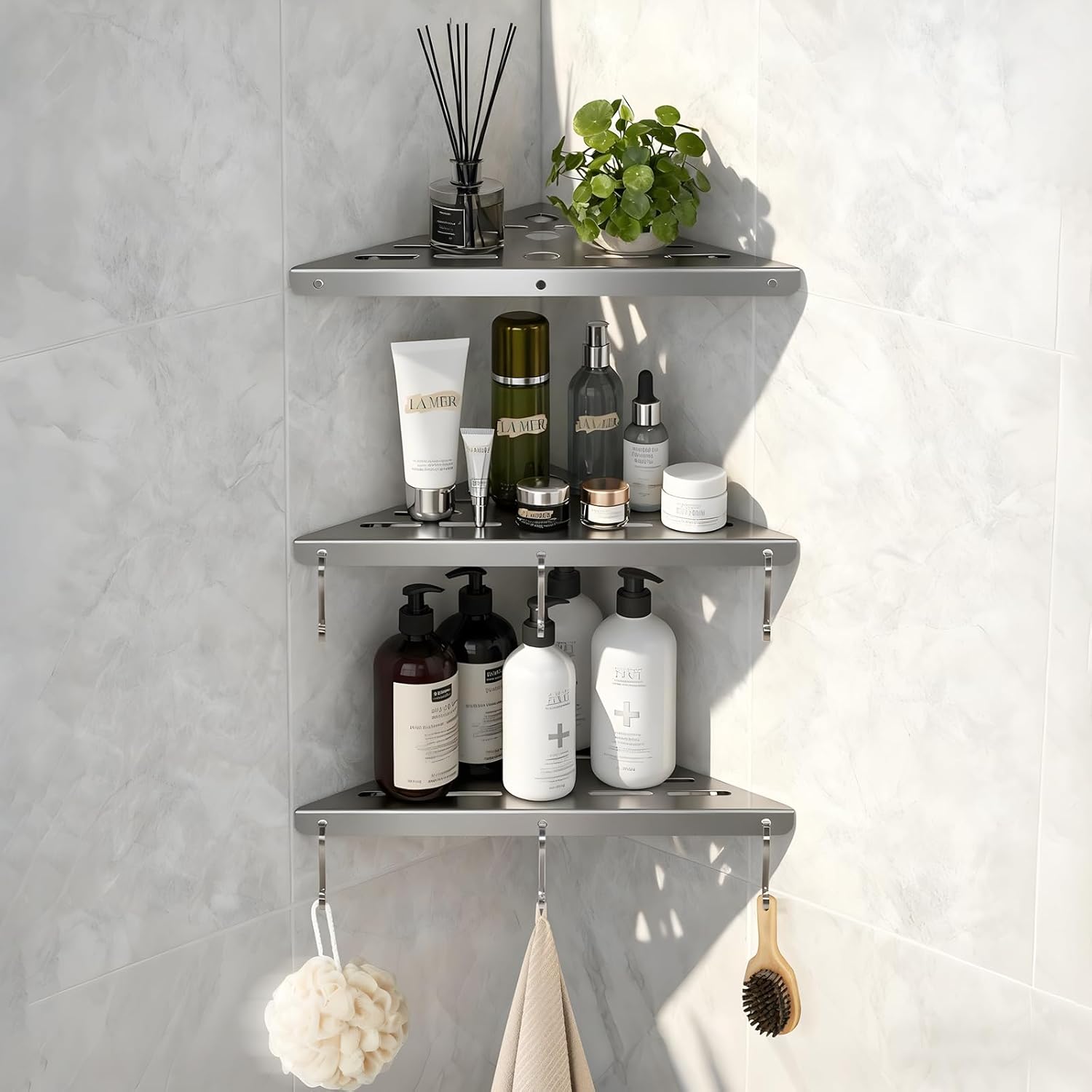 Shower Corner Shelf 304 Stainless Steel Shower Caddy 3 Tier Shower Organizer Niche Extra 6 Hangers Shelves 40 lbs Large Capacity Bathroom Storage for Inside Anti-Rust Drilling Installation(Silver)
