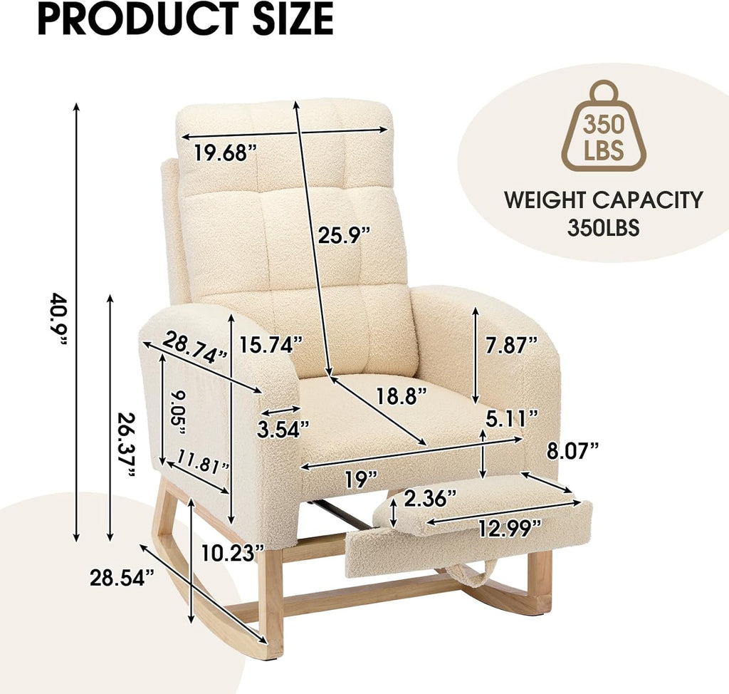 NIOIIKIT Modern Nursery Rocking Chair, Teddy Upholstered Rocking Chair with Footrest, Comfortable Rocker Recliner with Side Pocket, Rocker Glider for Living Room, Bedroom, Nursing Room (Beige)