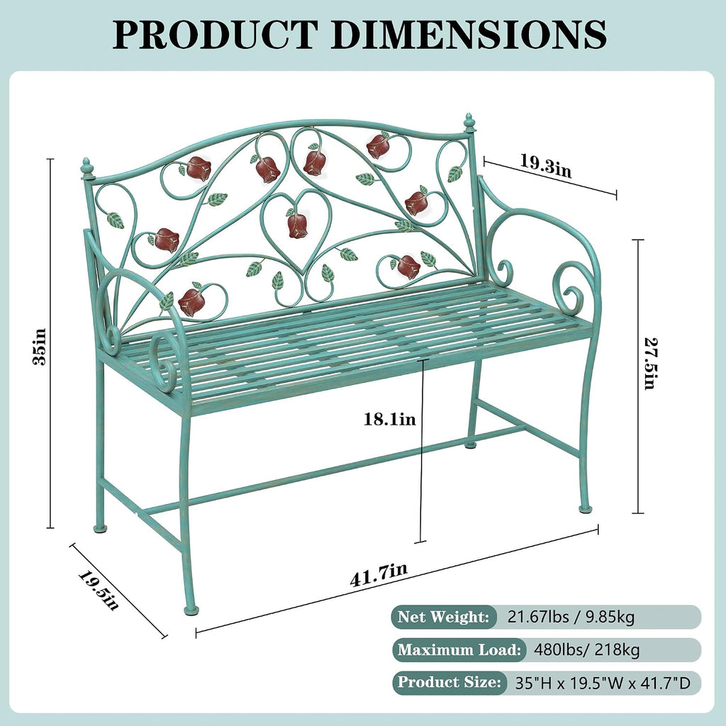 DIBRATY Rose Metal Entryway Bench, 2-Seater Vintage Foyer Bench, Blue | Garden Bench, with Scroll Armrest & Rose Leaf Pattern Backrest, Retro Distressed, for Porch, Living Room