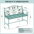 DIBRATY Rose Metal Entryway Bench, 2-Seater Vintage Foyer Bench, Blue | Garden Bench, with Scroll Armrest & Rose Leaf Pattern Backrest, Retro Distressed, for Porch, Living Room