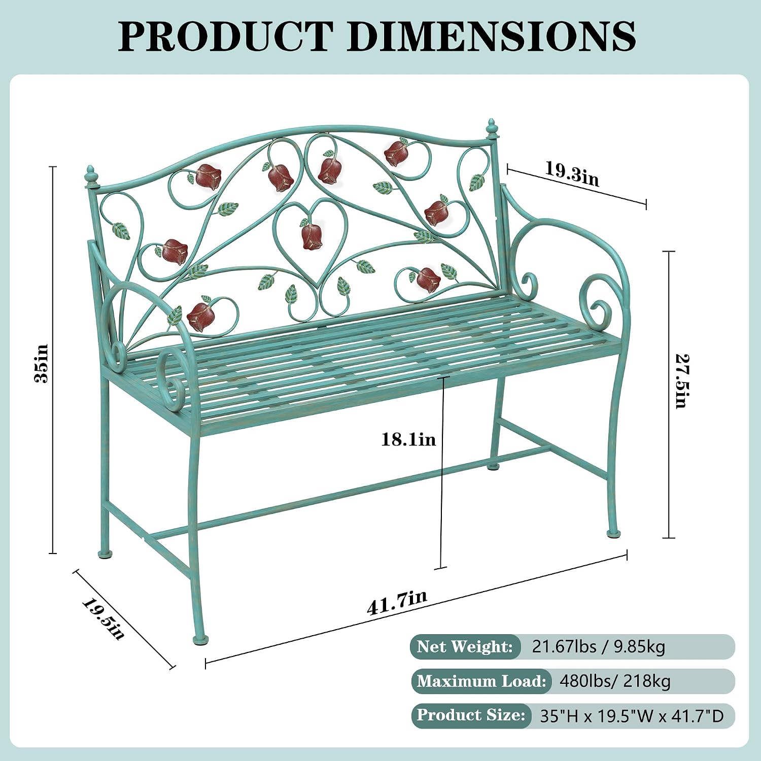 DIBRATY Rose Metal Entryway Bench, 2-Seater Vintage Foyer Bench, Blue | Garden Bench, with Scroll Armrest & Rose Leaf Pattern Backrest, Retro Distressed, for Porch, Living Room