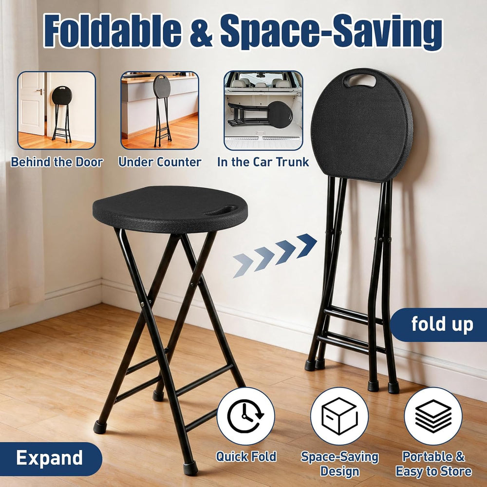 Folding Stool, Black 24 Inch Foldable Bar Stool with Handle | Folding Extra S...