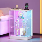 HNEBC LED Nightstand with USB-C Charging Station&Lights for Bedroom-White | Curio china Cabinet, Motion Sensor Smart Glass RGB Side Table with App Control, Charging Station Tempered Glass Collectiblem
