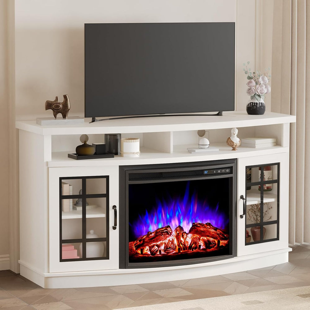 LUXOAK 59" Curved Fireplace TV Stand with Storage Cabinet for TVs Up to ...