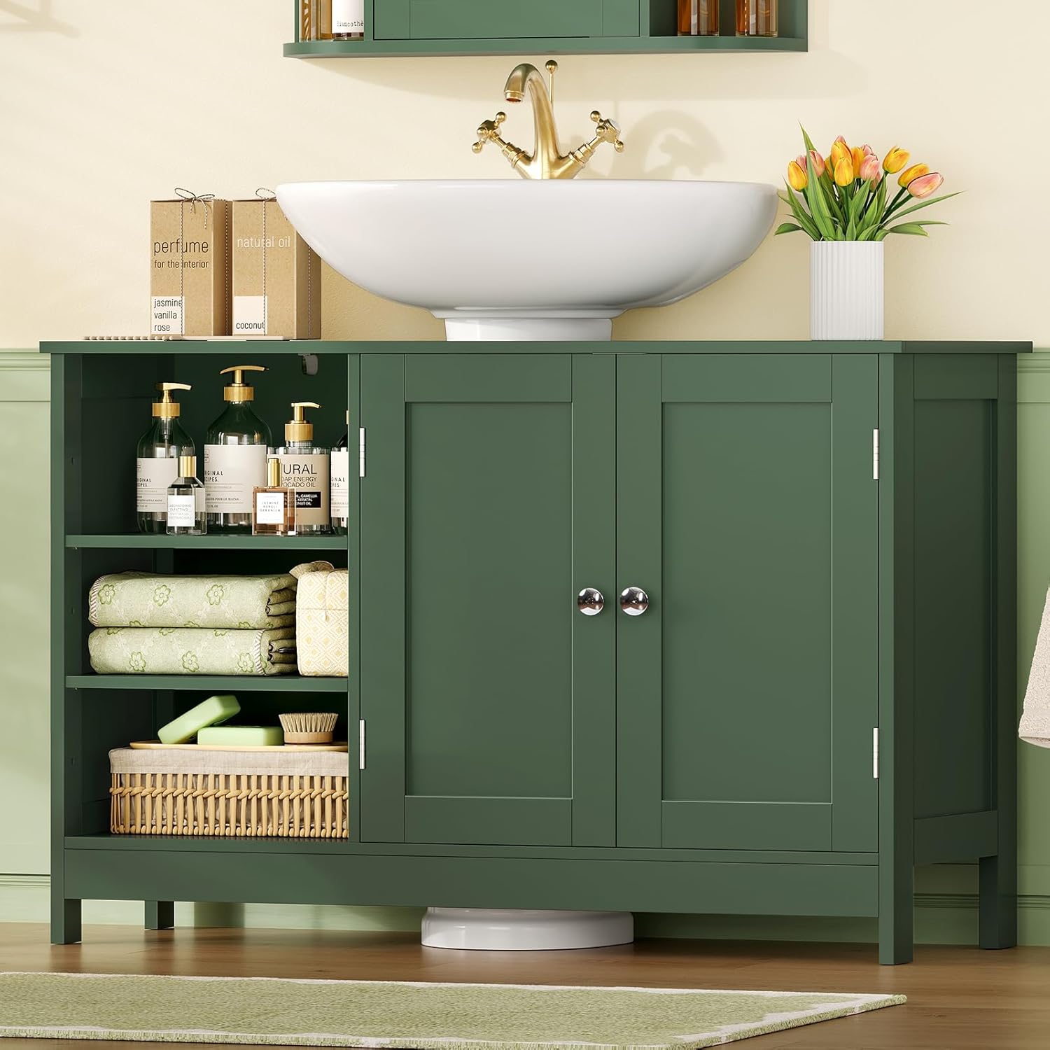 TEENFON 35.4" Pedestal Sink Storage Cabinet with 2 Doors and Adjustable Shelves, Bathroom Sink Cabinet, Under Sink Storage with U-Shape Cut-Out, Green UNYSG034V