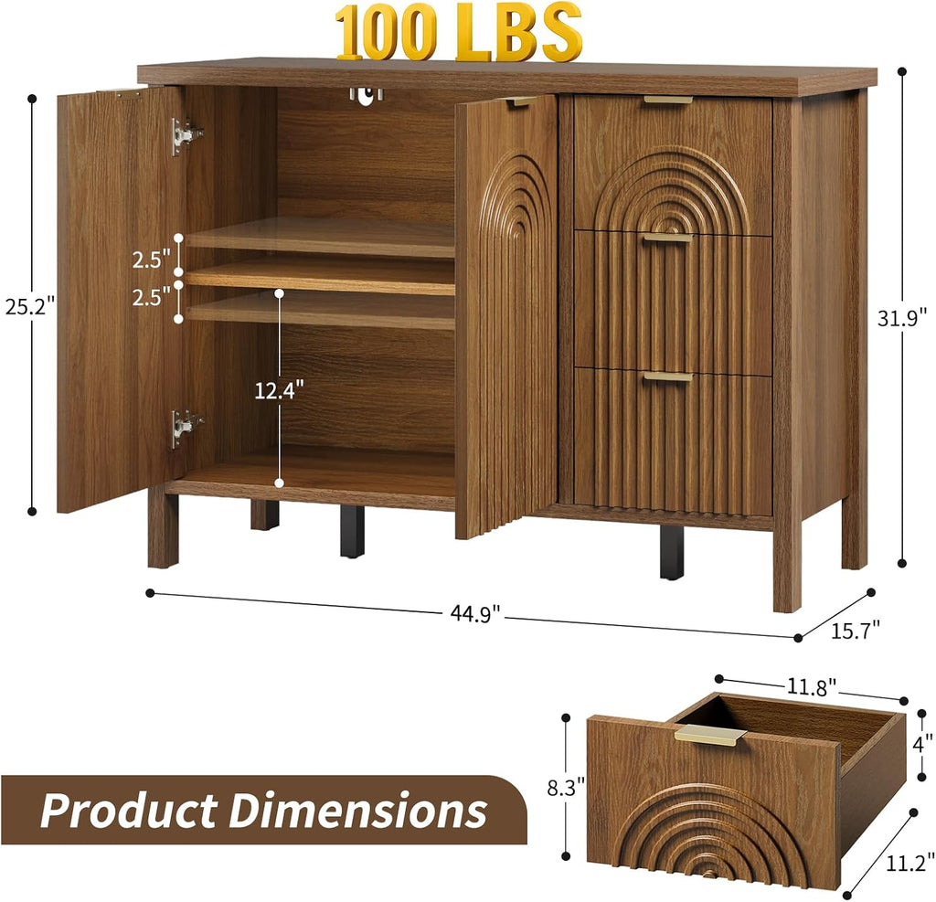 Sideboard Buffet Cabinet with Storage - Fluted Accent Coffee Bar Cabinets Kitchen Credenza with Drawers & Doors, Wood Console Side Board with Adjustable Shelf for Living Room Entryway, Walnut