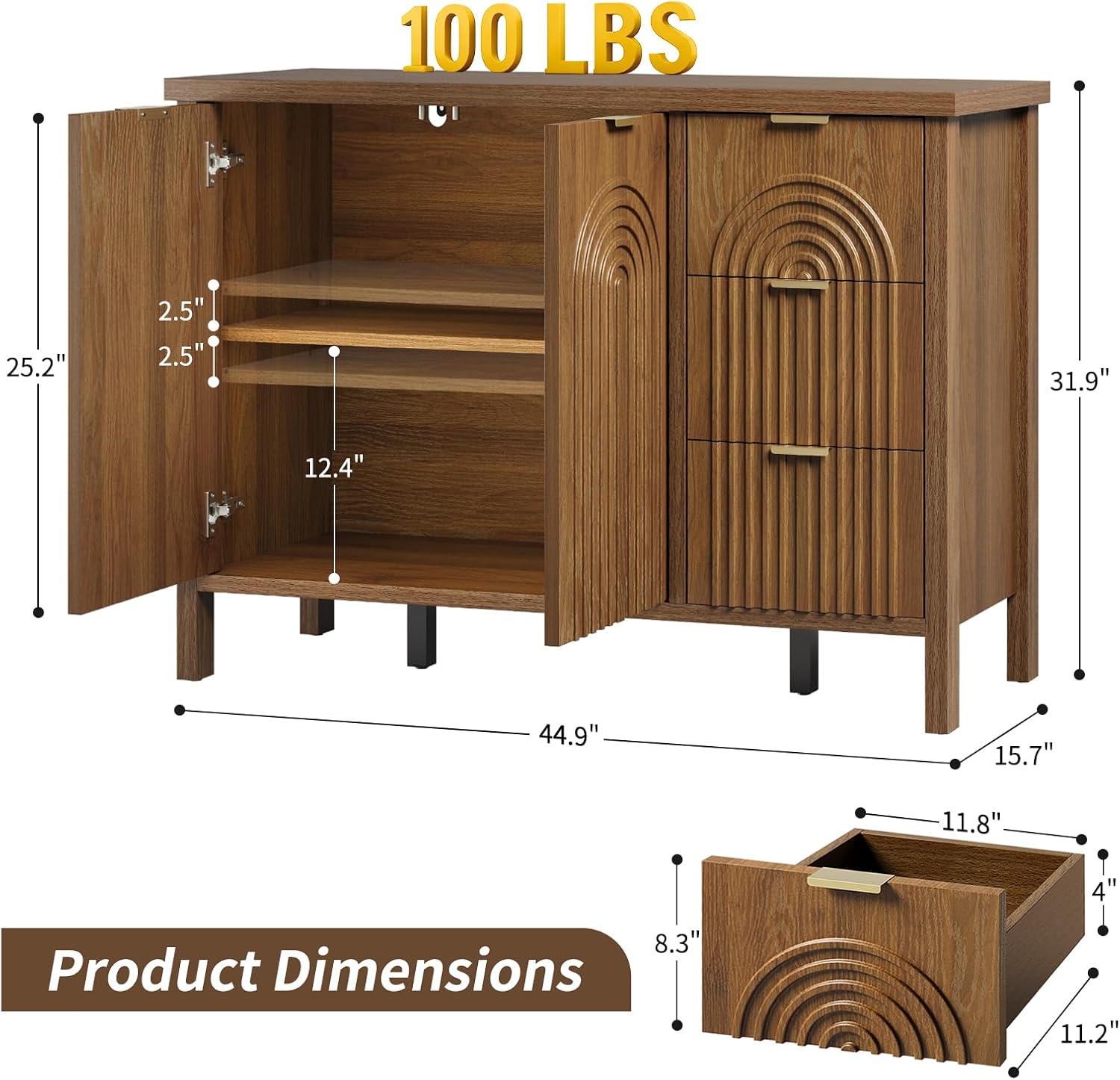 Sideboard Buffet Cabinet with Storage - Fluted Accent Coffee Bar Cabinets Kitchen Credenza with Drawers & Doors, Wood Console Side Board with Adjustable Shelf for Living Room Entryway, Walnut