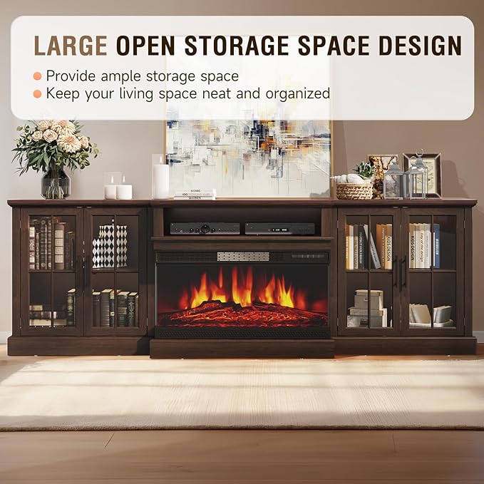 98" Farmhouse TV Stand with 36" Fireplace for Living Room,Media Entertainment Center with Adjustable Shelves and Large Storage Cabinets, TVs up to 100", Brown