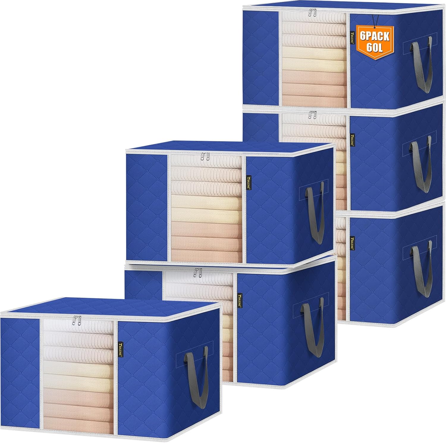 BALEINE 6 Pack Clothes Storage Bags, 16 Gallon Storage Containers with Reinforced Handle, Sturdy Zipper, Closet Organizer for Blanket, Comforter, Pillow, Bedding (Blue, 6 Pack)