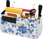 Flowers Blue and White Pattern Bedside Caddy for Dorm Bed Bedside Hanging Caddy Bag Iron Frame Storage Organizer Pocket for Bunk Home College Hospital Beds 2 Hooks