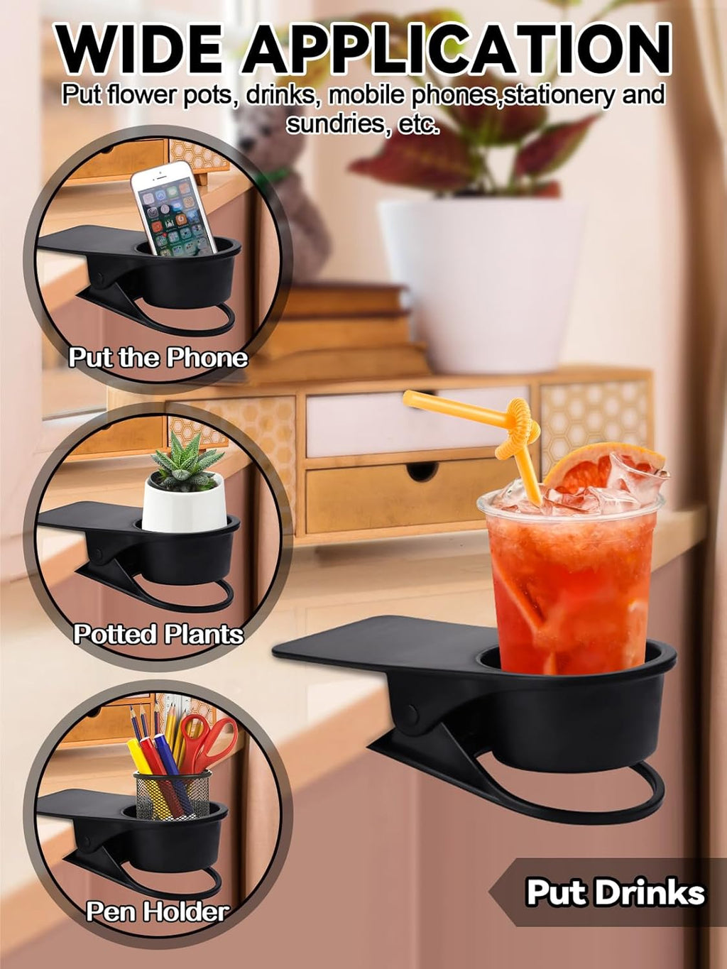 3PCS Drinking Cup Holder Clip, Kalolary Chair Desk Bottle Cup Stand DIY Glass Clamp Storage Saucer Clip for Potted Plant Beverage Soda Coffee Mug Holder Clip for Home & Office (Black)