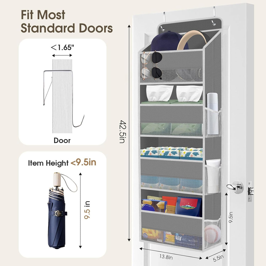 2 Pack Over The Door Organizer, Hanging Storage Organizer with Clear Window, 40lb Ultra Sturdy Large Capacity Room Organizer for Pantry Laundry Bathroom Nursery Closet (Grey)
