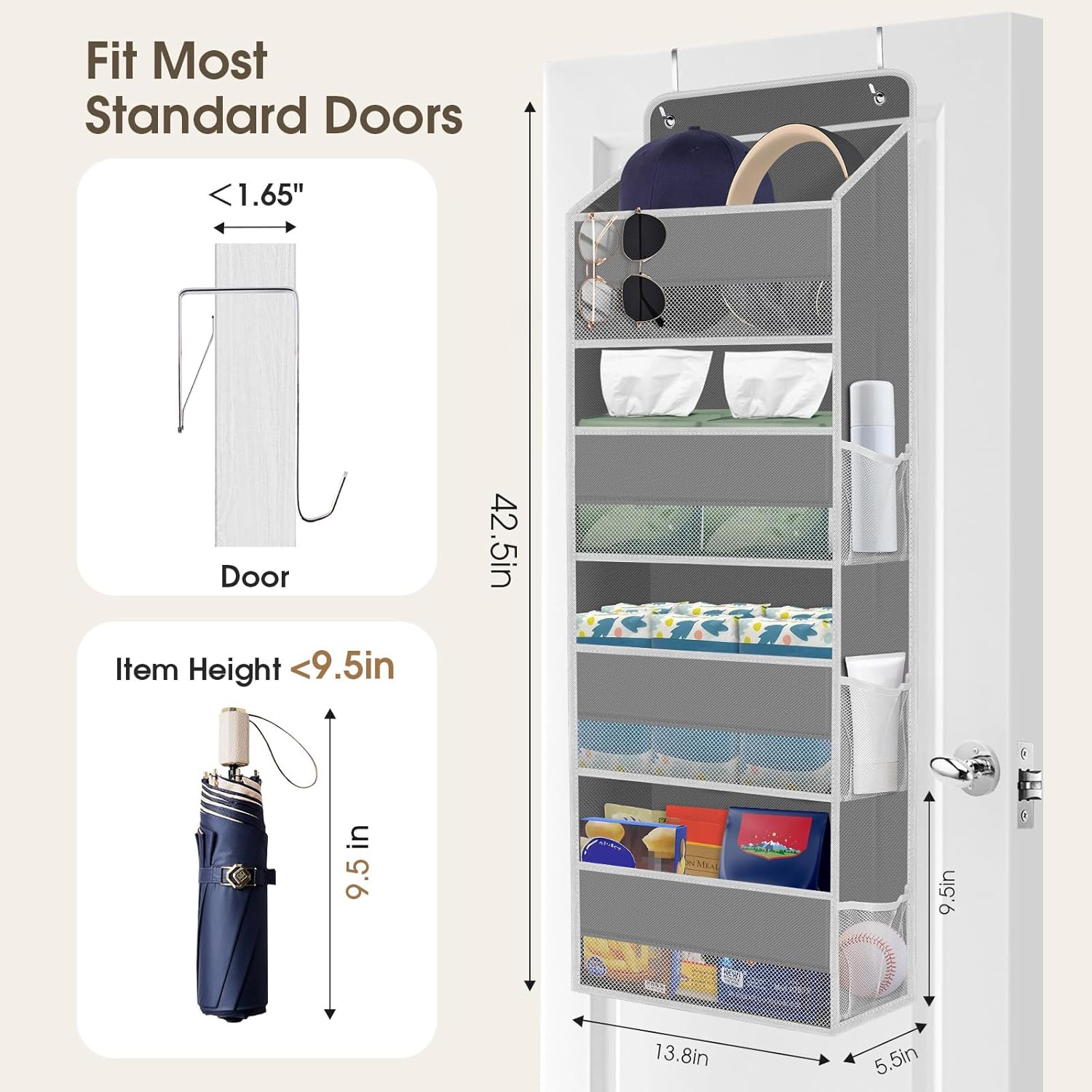 2 Pack Over The Door Organizer, Hanging Storage Organizer with Clear Window, 40lb Ultra Sturdy Large Capacity Room Organizer for Pantry Laundry Bathroom Nursery Closet (Grey)