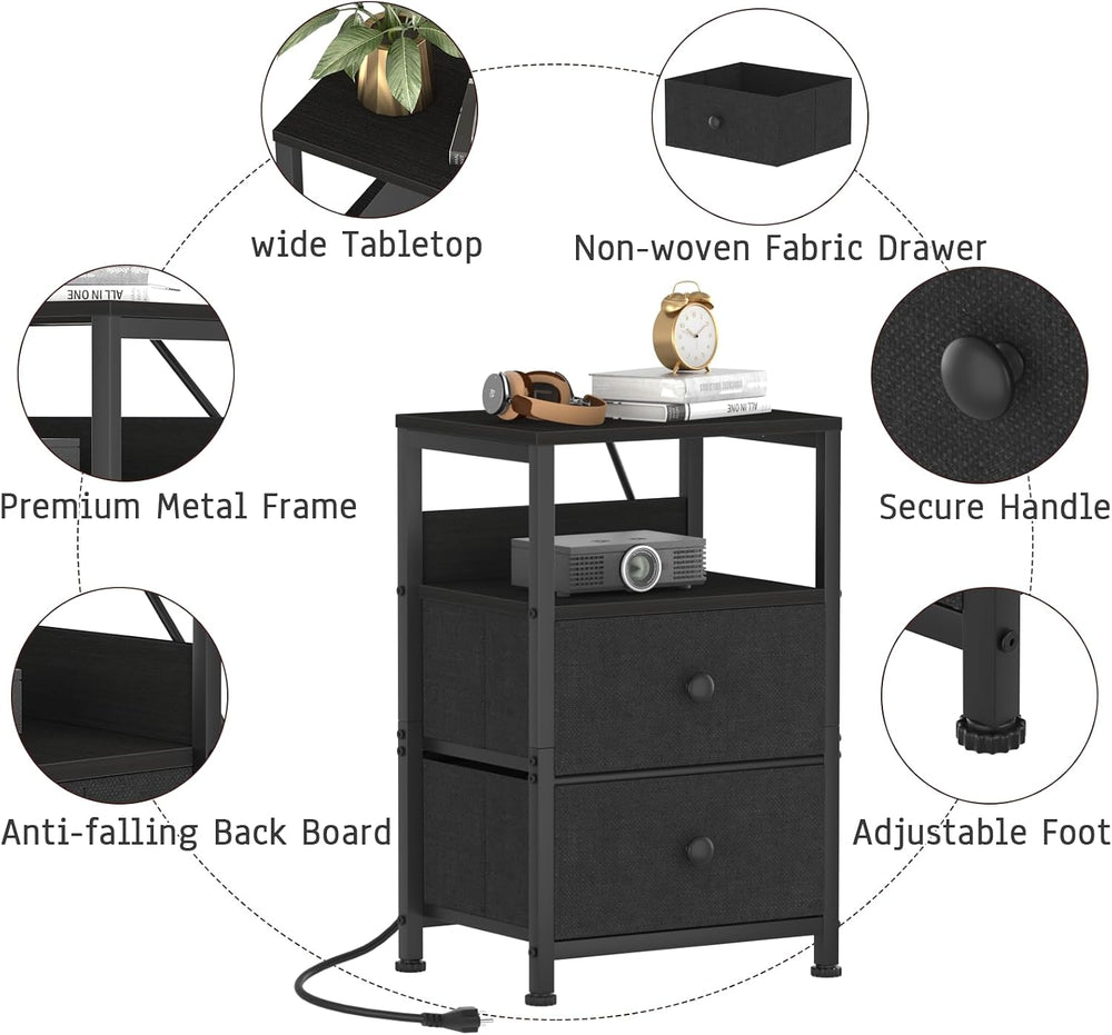 End Table with Charging Station & USB Ports, Rustic Nightstand with Fabri...